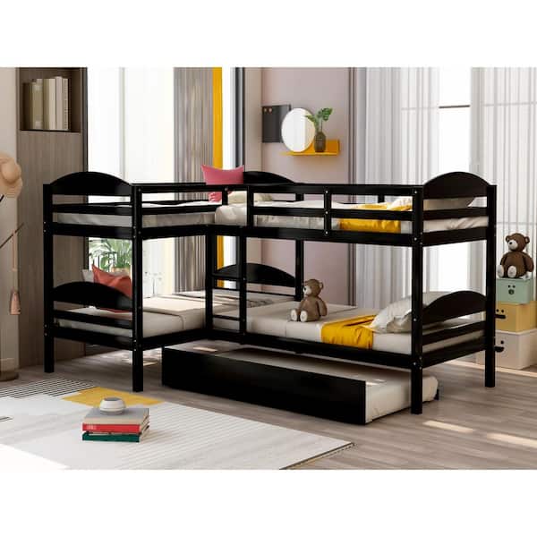 Harper & Bright Designs Espresso L-Shaped Twin Size Bunk bed with Trundle