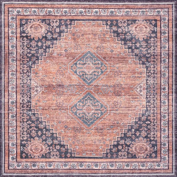 Dalyan Geometric Terracotta/Navy 6 ft. Medallions Machine-Washable Square Area Rug