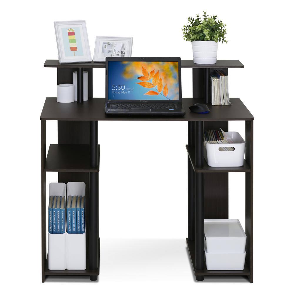 Walnut Compact Computer Desk with Shelves and Drawer