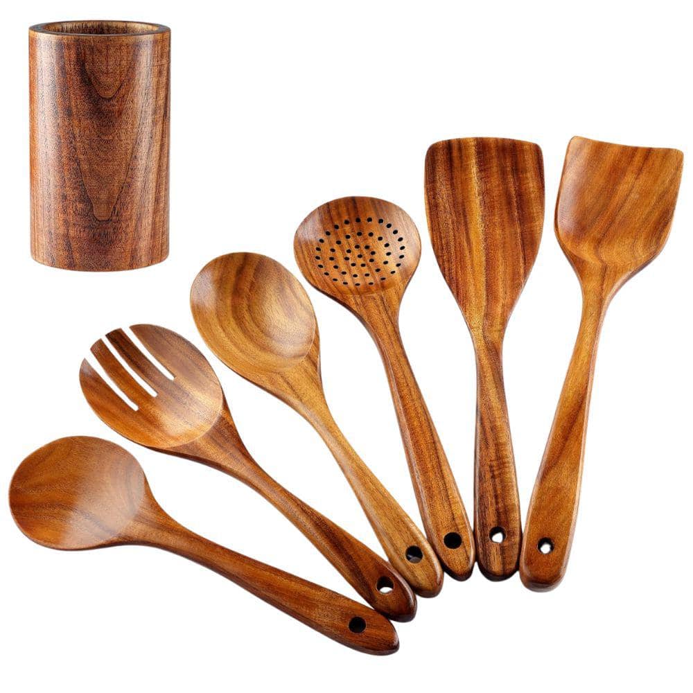 Zulay Kitchen 7Piece Teak Wooden Utensils Set for Cooking ZUTNSTTW7PC The Home Depot