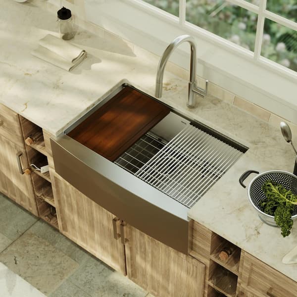 30 in. Farmhouse/Apron-Front Single Bowl 16-Gauge Stainless Steel Workstation Kitchen Sink