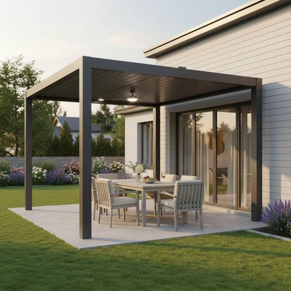 10 ft. x 10 ft. Dark Gray Aluminum Patio Pergola with Built-In Solar Panel, Ceiling Fan and Round LED Light