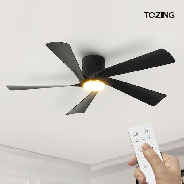 TOZING 52 in. Smart Indoor Modern Black Low Profile Flush Mount Ceiling Fan with Light Integrated LED with Remote 5-Blades