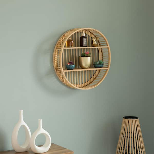 Vintiquewise QI004514 Decorative Rattan Round Display Shelf with 2 Shelves for The Dining Room Living Room or Office