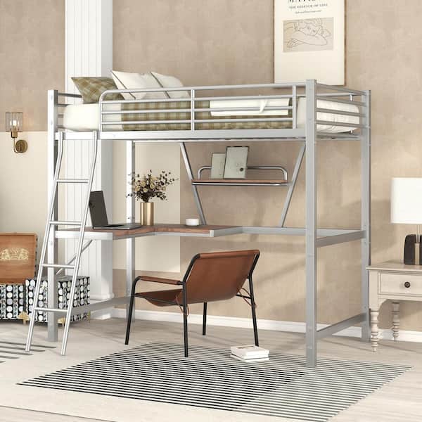Qualler Aime Silver Metal Loft Bed with L-Shaped Desk and Shelf