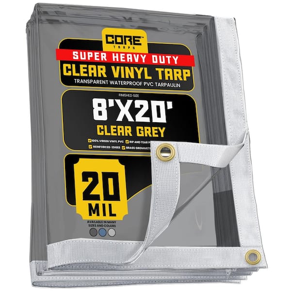 CORE TARPS 8 ft. x 20 ft. Clear Grey Extreme Heavy Duty 20 mil Vinyl Plastic Tarp, Waterproof, UV Protection, with Metal Grommets