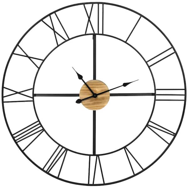 HOMCOM 36 in. Large Wall Clock, Silent Non Ticking Wood Metal Farmhouse Clocks