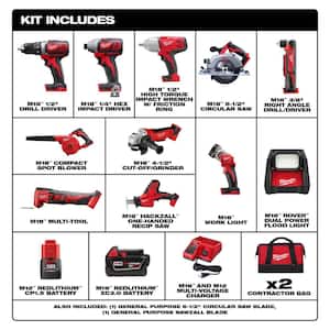 M18 18V Lithium-Ion Cordless Combo Kit (10-Tool) with (2) Batteries, Charger, (2) Tool Bags and M18 AC/DC Flood Light