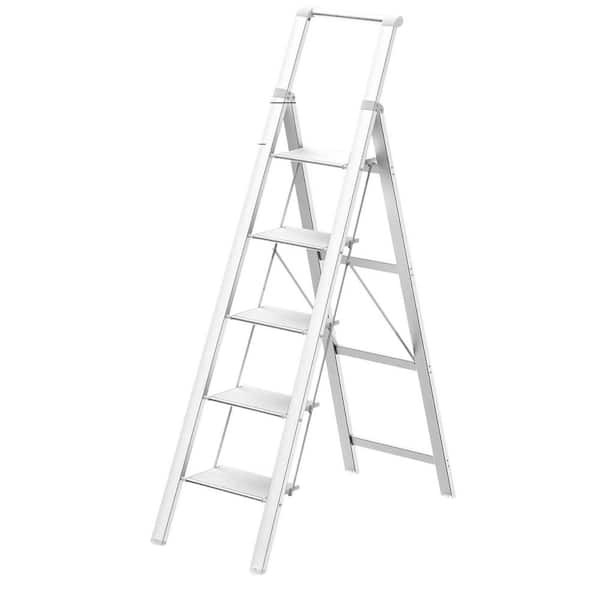 5 Step Lightweight Aluminum Ladder for 10 ft. High Ceilings, Folding Step Stool Ladder (Silver)