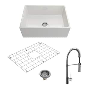 Contempo White Fireclay 27 in. Single Bowl Farmhouse Apron Front Kitchen Sink withFaucet