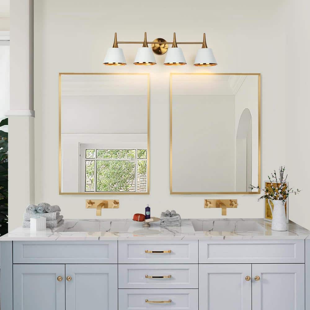 Idaikos 29" Polished Gold and White 4-Light Vanity Light Bar