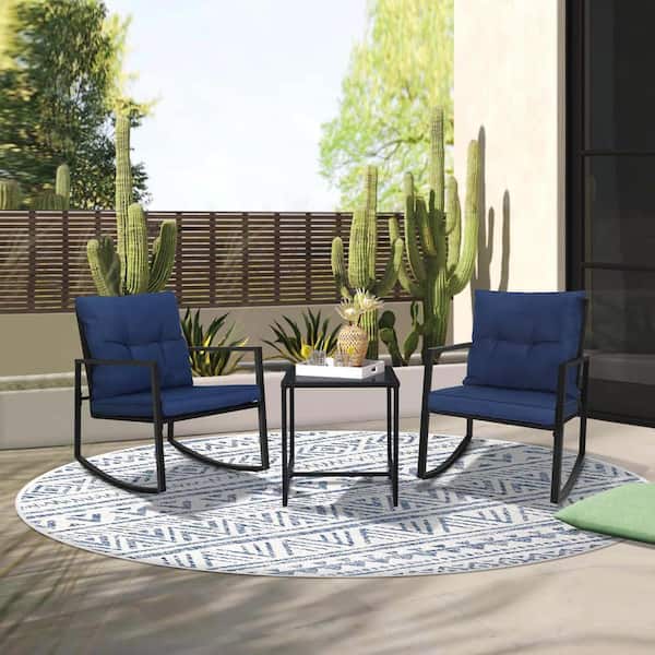 Zeus & Ruta Black 3-Piece Wicker Outdoor Bistro Set with Dark Blue Cushion and Glass Coffee Table