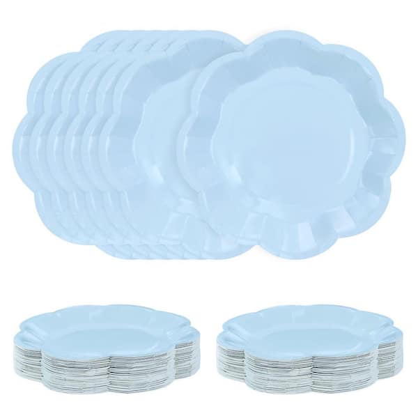 Blue 7-Inch Scalloped Dessert Plates, 50-Count Disposable Plates for Party, Wedding, Baby Shower Light