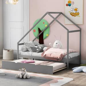 Gray Twin Size House Bed with Trundle, Wood Twin Platform Bed Frame with Roof for Kids Boys Girls, No Box Spring Needed