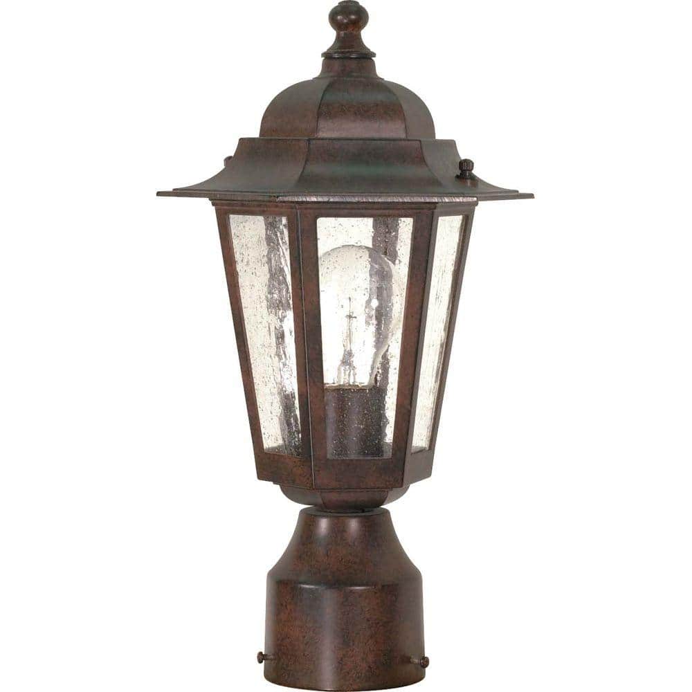 Old Bronze 14'' Metal Post Lantern with Seed Glass