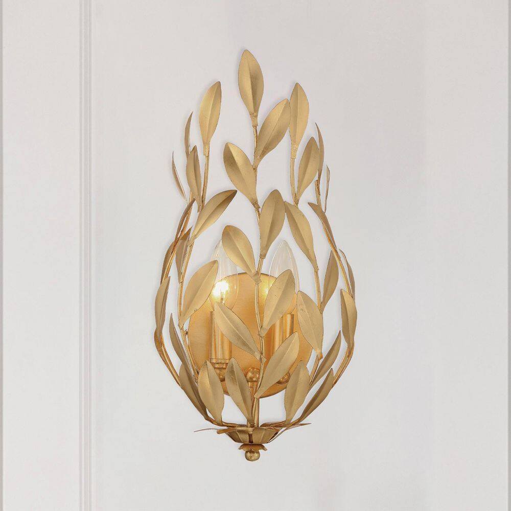 Antique Gold Wrought Iron Leaf Vanity Sconce, 16" Height