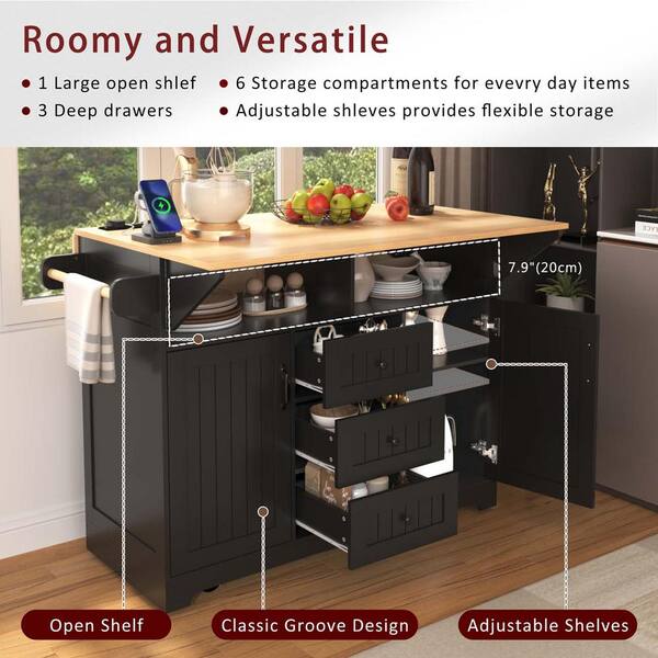 XUJMK Black Wood 56 in. Kitchen Island with Drawers 56 in