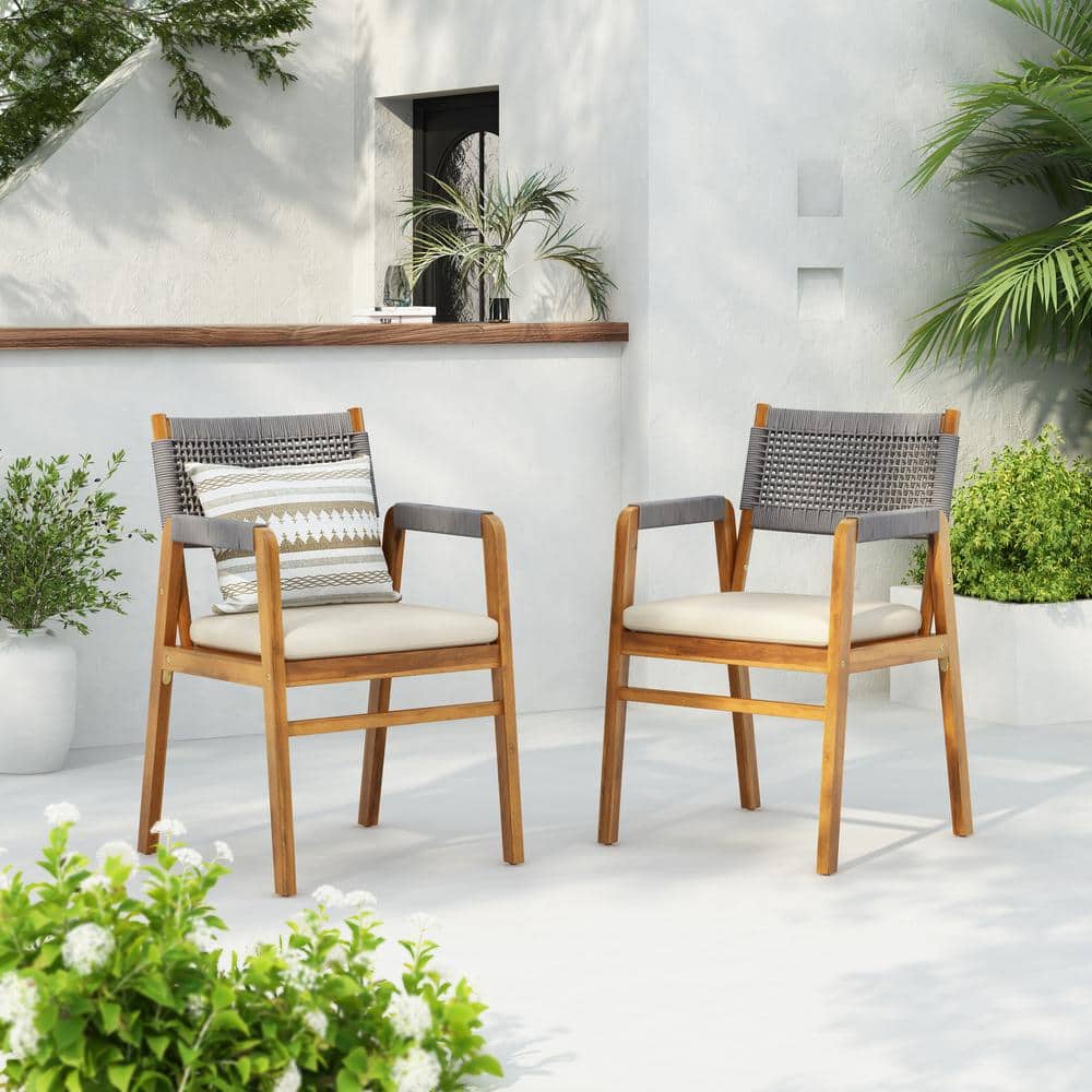 Gray Rope Woven Acacia Wood Dining Chairs with Cushions, Set of 2