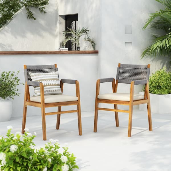 CHRISTOPHER KNIGHT HOME Modern Teak Finish Wood and Grey Rope Patio Outdoor Dining Chairs with Beige Cushions, Set of 2