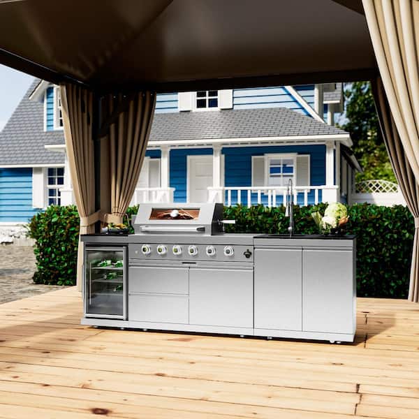 4-Burner Propane Gas Grill Island Outdoor Kitchen with Rotisserie Refrigerator Sink Storage in Stainless Steel