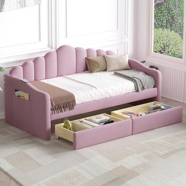 Harper & Bright Designs Pink Wood Twin Size Velvet Upholstered Daybed with Channel-Tufted Backrest, 2-Drawers, 2 Side Pockets, 2 USB Ports