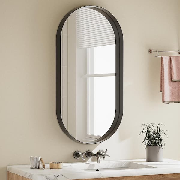 22 in. W x 38 in. H Oval Modern Black Aluminum Alloy Deep Framed Wall Mirror