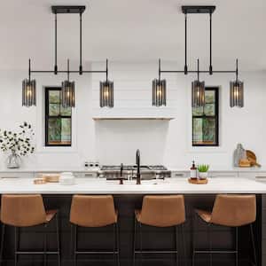 Modern 30 in. Flat Black Linear Chandelier with Drum Mercury Glass Shades Island Pendant for Dining Room, LED Compatible