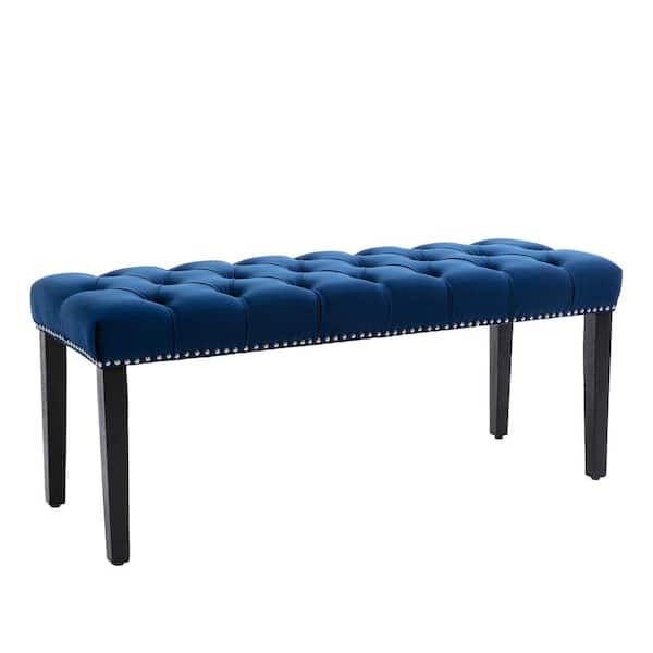LUCKY ONE 45.5 in. Blue Ottoman French Country Bed Bench Footrest Stool with Velvet Upholstery and Wood Legs, Entryway Dining Room