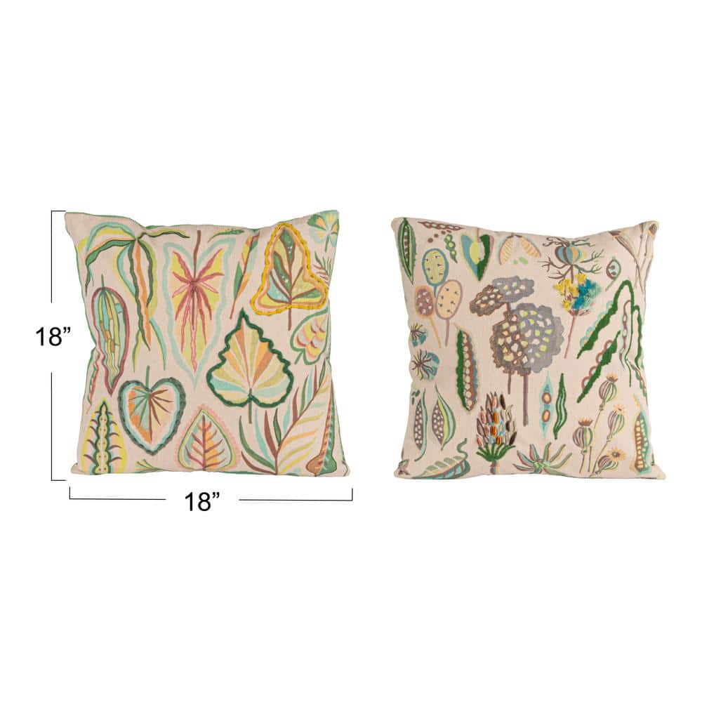 Botanical Embroidered Cotton Square Throw Pillow Set
