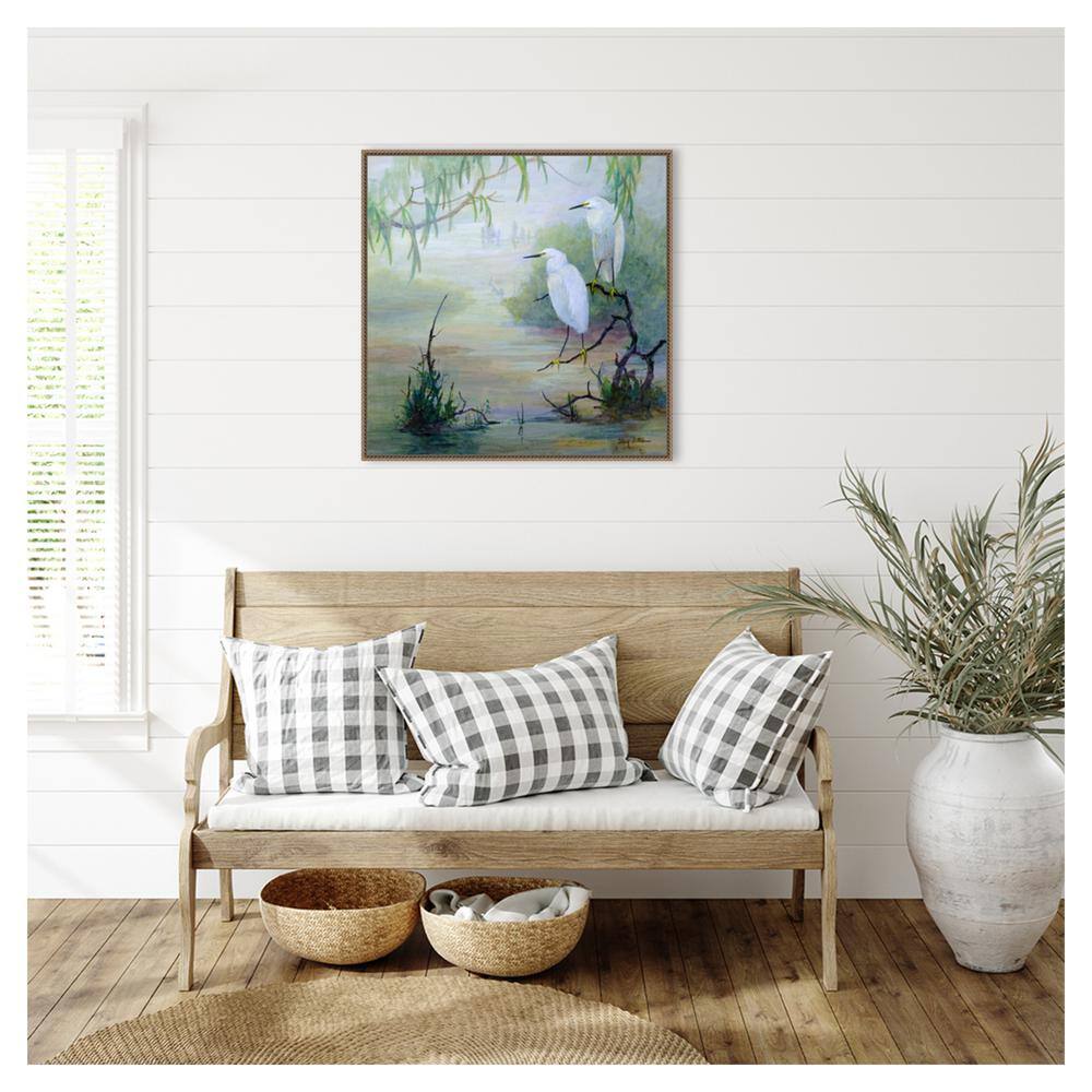 Snowy Egrets in Wetlands Bronze Framed Canvas Wall Art