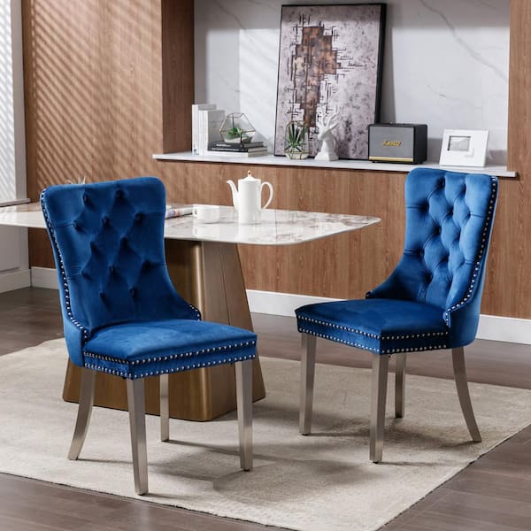 Clihome Modern Blue Tufted Solid Wood Velvet Upholstered Dining Chair with Chrome Stainless Steel Plating Legs Set of 2