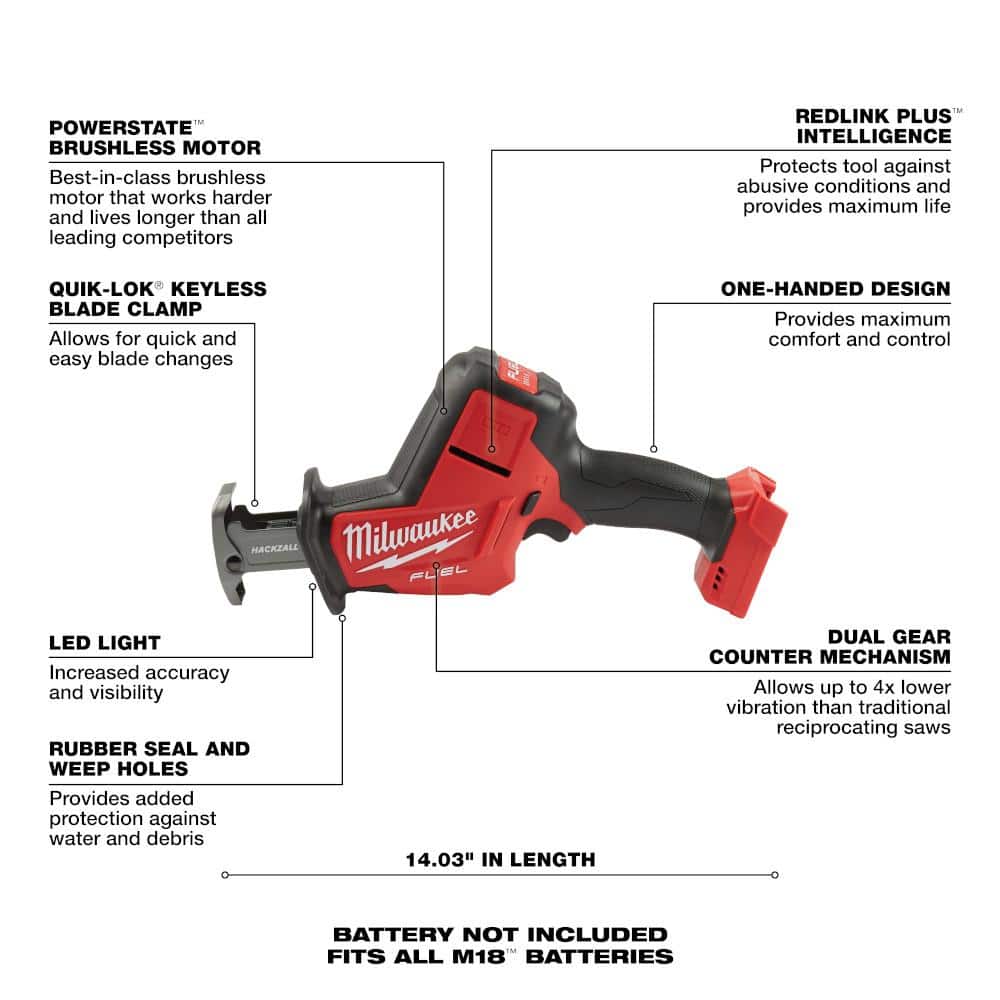 Milwaukee M18 FUEL 18V Lithium Ion Brushless Cordless HACKZALL Reciprocating Saw Tool Only - Image 2