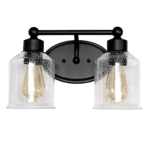 14 in. Black Loft Modern 2-Light Metal and Clear Seeded Glass Shade Vanity Wall Fixture with Matching Metal Accents