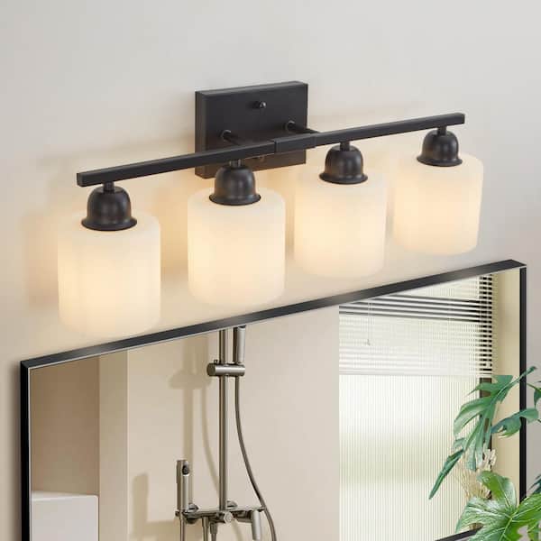 24.8 in. 4-Lights Black LED Vanity Light Bar Modern Wall Sconce Lamp with Crystal Shade for Bathroom and Mirror