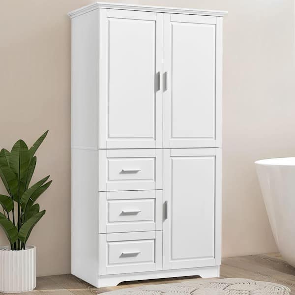Unbranded 33 in. W x 20 in. D x 62 in. H White Linen Cabinet with Doors and 3-Drawers for Bathroom and Office