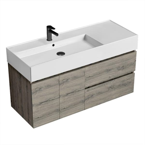 Nameeks Block 47.6 in. W x 18.1 in. D x 25.2 in. H Modern Bathroom Vanity in Grey Oak With White Ceramic Top