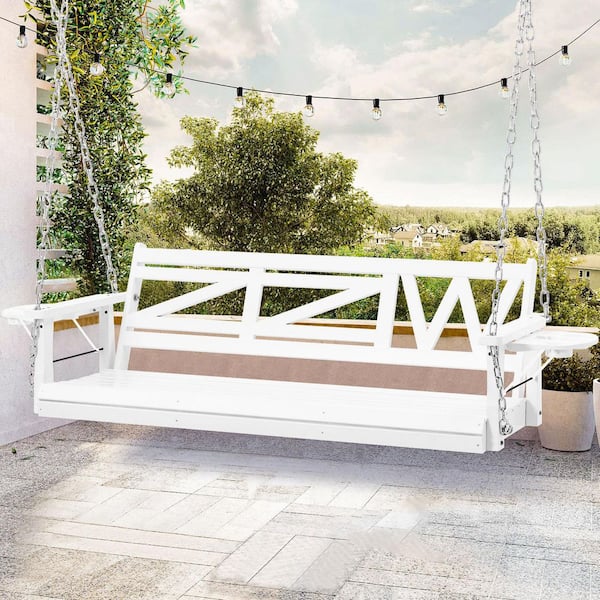 3-Person White Wood Porch Swing with Hanging Chains Upgraded Cupholders