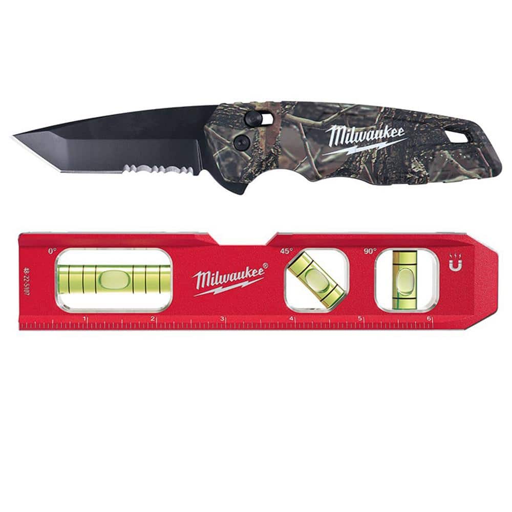 Milwaukee FASTBACK .95 in. Camo Stainless Steel Spring Assisted Folding  Knife and in. Billet Torpedo Level (2 -Piece) 48-22-1535-48-22-5107 The  Home Depot