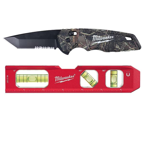 Milwaukee FASTBACK 2 .95 in. Camo Stainless Steel Spring Assisted Folding Knife and 7 in. Billet Torpedo Level (2 -Piece)