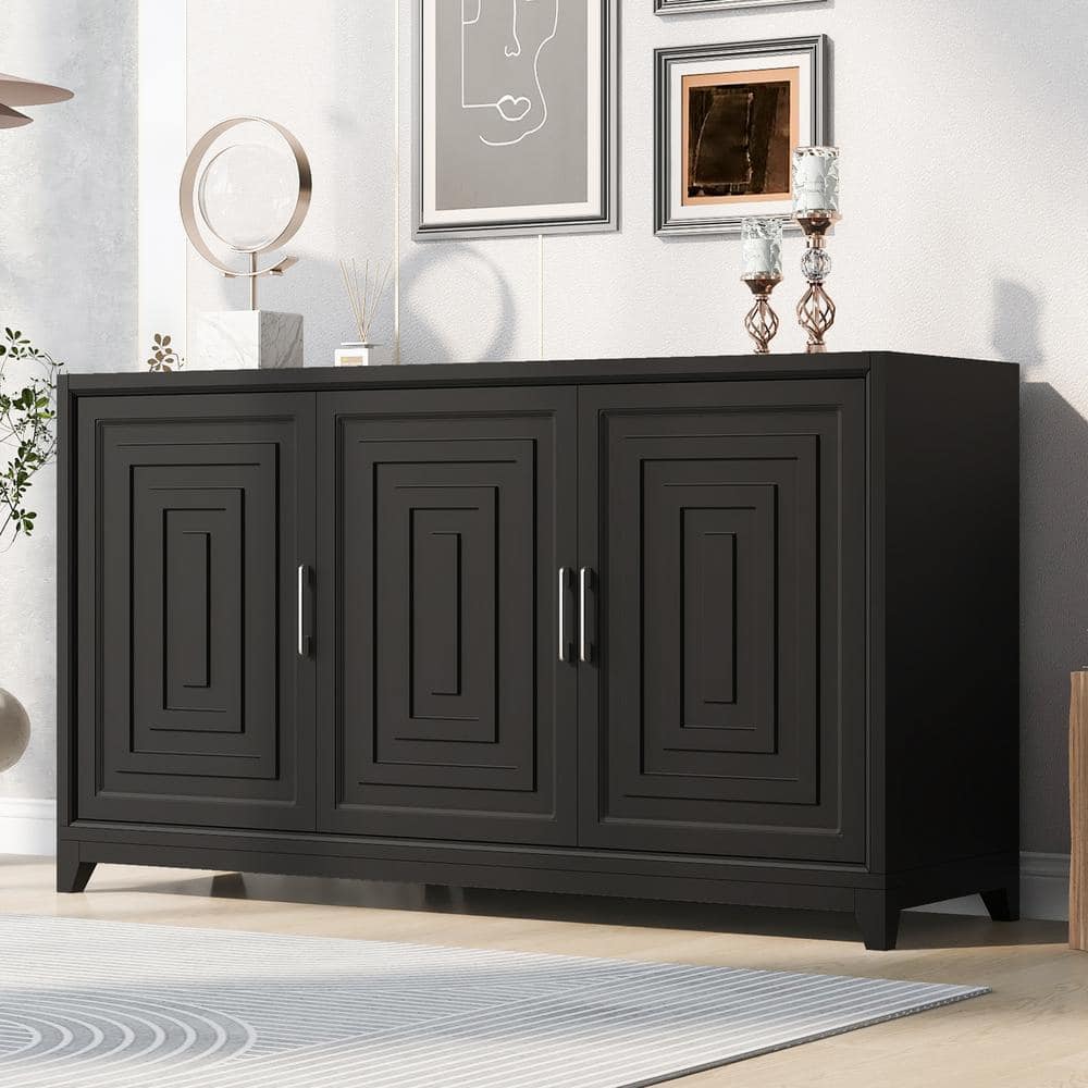 Black Wood Top 59.1 in. 3-Door Sideboard TV Cabinet with Adjustable Shelves, and Solid Wood Legs
