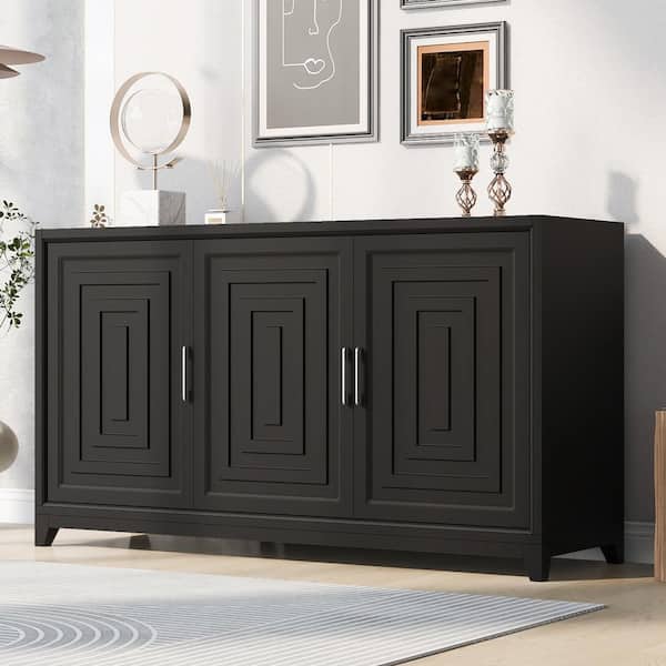 Harper & Bright Designs Black Wood Top 59.1 In. 3-Door Sideboard TV ...