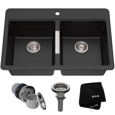 33 Inch Dual Mount 50/50 Double Bowl Granite Kitchen Sink w/Topmount and Undermount Installation in Black Onyx