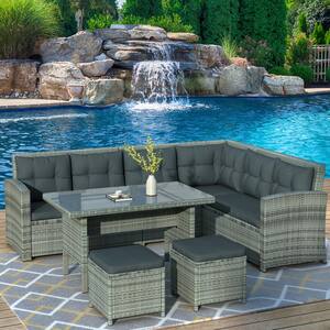 Brown 6-Piece Wicker Patio Furniture Set Outdoor Sectional Sofa with Gray Cushions Glass Table