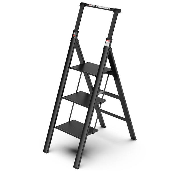 maocao hoom Dation 3-Step Aluminum Retractable Handgrip Folding Ladder; with Anti-Slip Wide Pedal; 300 lbs. Safety Household Ladder