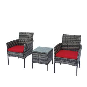Robison 3-Piece Gray Wicker Patio Conversation Set with Arms and Red Cushions