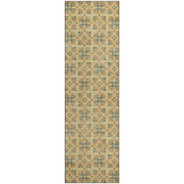 Mayfield Premium Machine Washable Abstract AMF2552 Gold 2 ft. x 7 ft. Runner Rug