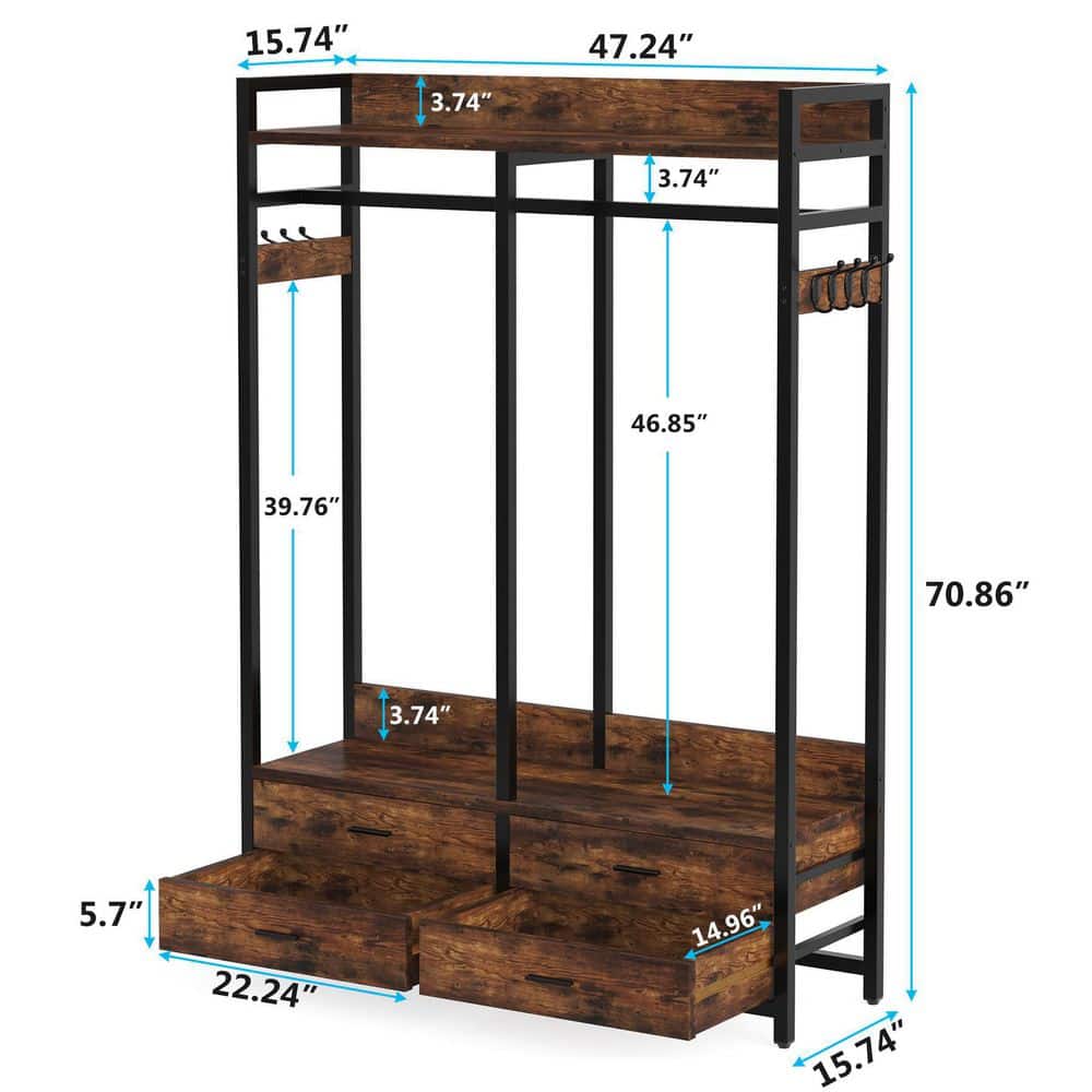 Carmalita Brown Closet Organizer Hanging Rod Garment Shelves 4 Drawers 8 Hooks Rack 70.9 in. H x 15.7 in. W x 47.2 in. D - thumbnail 3