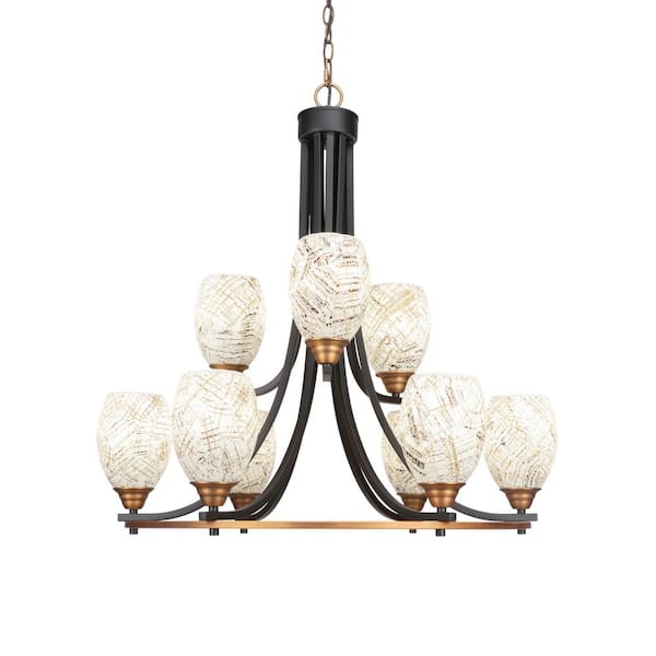 Unbranded Madison 9-Light Matte Black and Brass Round Chandelier with 5 in. Natural Fusion Glass Shades, No bulbs included