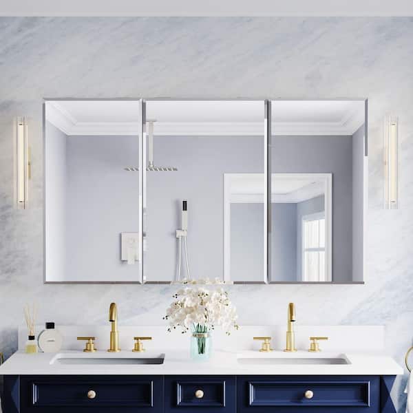 BEV 52.1 in. W x 30 in. H Rectangular Aluminum Tri-View Modular Medicine Cabinet with Beveled Mirror, BLUM Soft-Close