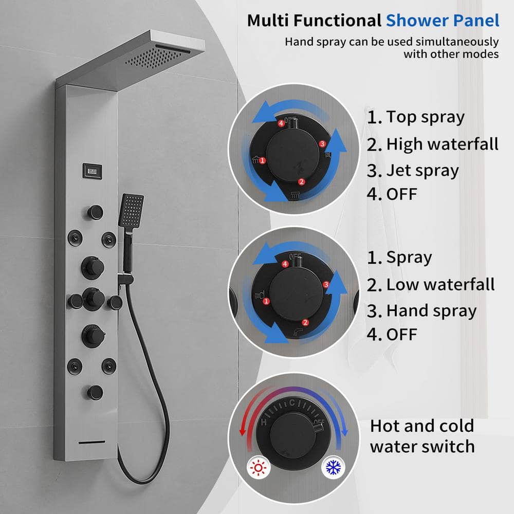 Black Nickel 8-Jet Rainfall Shower Panel System with Handheld Wand